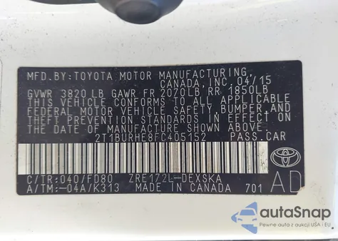 2015 Toyota Corolla S Plus from USA, damaged, VIN 2T1BURHE8FC405152